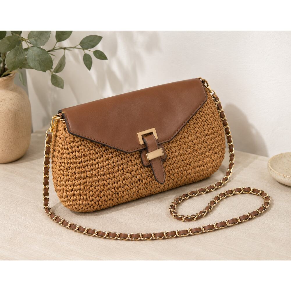 Michael Kors Naomi Woven Straw Leather Shoulder Bag Beige Brown NWT